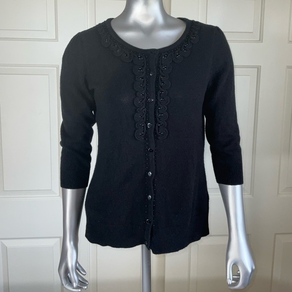 Debbie Morgan Sweaters - Debbie Morgan Jeweled Trim Black 3/4 Sleeve Cardigan Women Size Petite Small